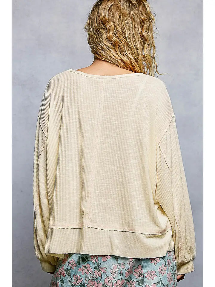Contrast Stitch Outseam Rib Relaxed Long Sleeve Top | Natural