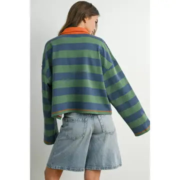 Striped Quarter-Zip Contrast Collar Shirt | Green/Blue