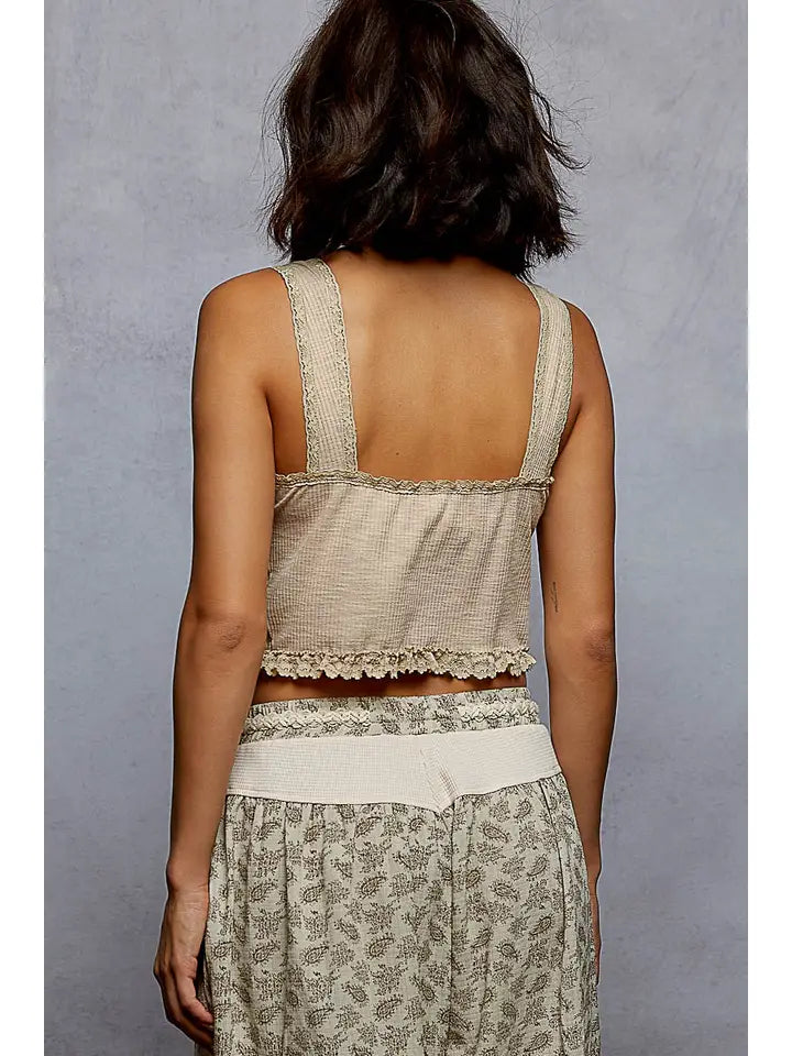 V-Neck Sleeveless Lace Ribbed Knit Top | Almond