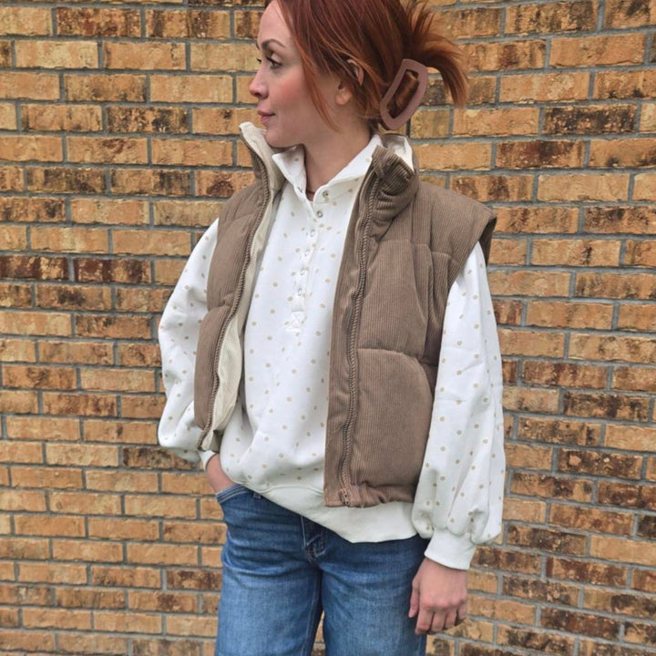 Adoreme Corduroy Puffer Vest | Camel/Ivory