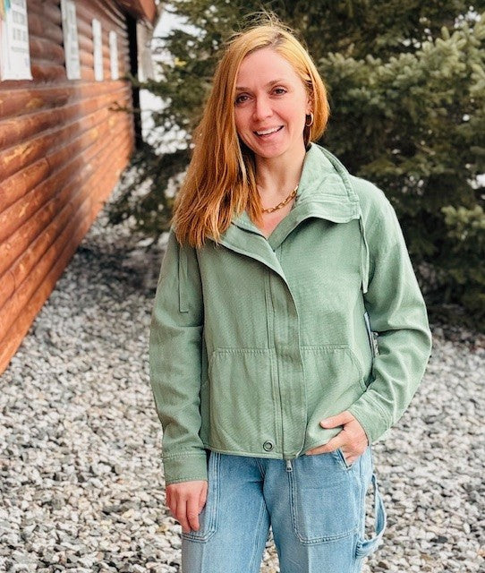 Slub Twill Front Button Jacket with Drawcord Collar