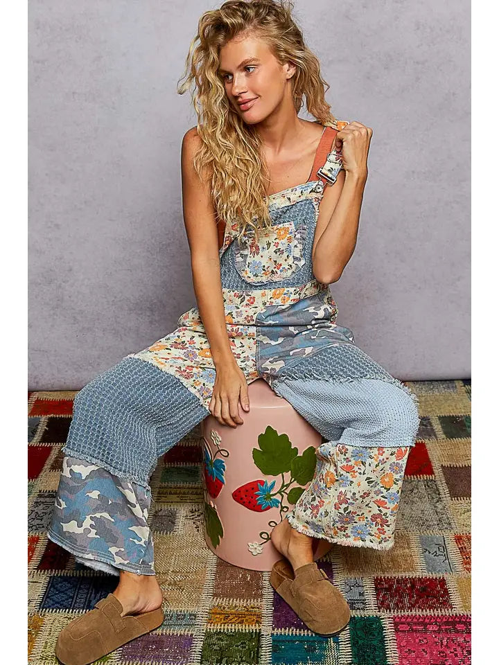 Animal Printed Floral Print Frayed Edge Twill Woven Overalls