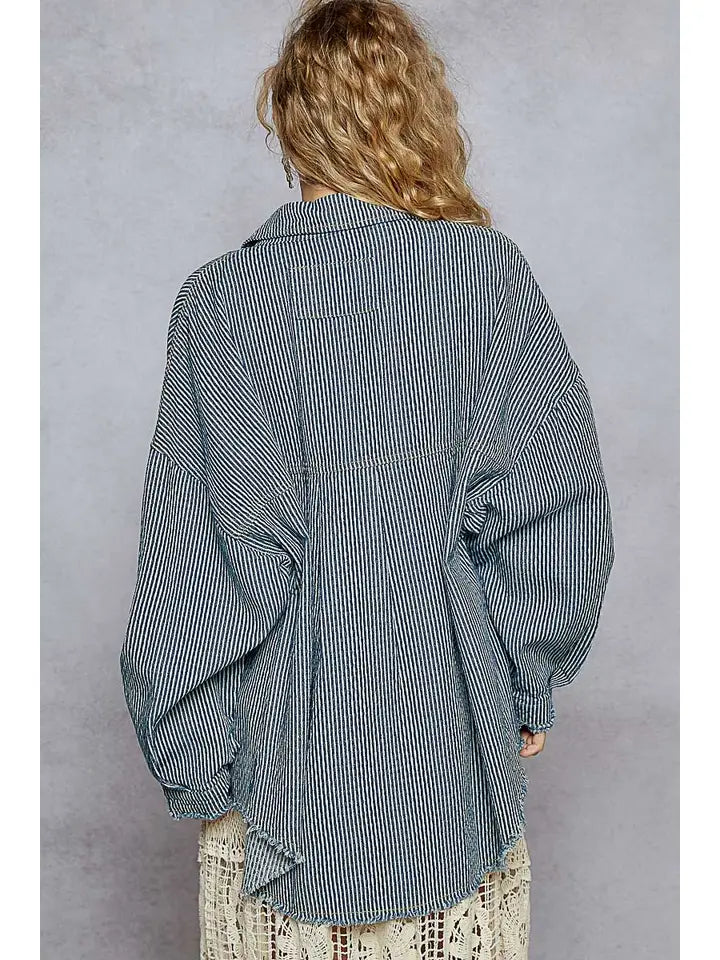 Long Sleeve Stripe Pattern Denim Shirt Top | Stripe Denim