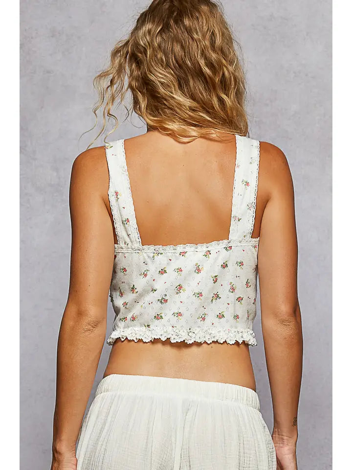 V-Neck Sleeveless Lace Ribbed Knit Top | Ivory Floral