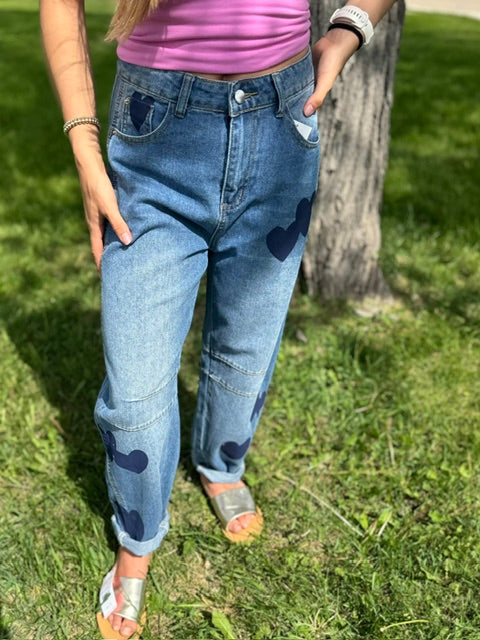 Love Print Loose Midi Waist Jeans