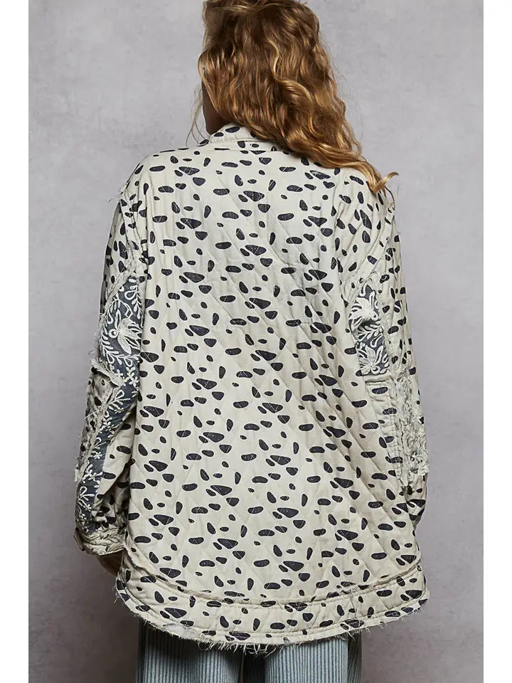 Long Sleeve Elbow Patch Overlaid Lace Quilted Woven Jacket | Oatmeal Multi