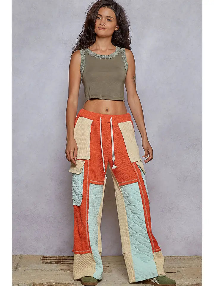 Quilted Contrast Casual Solid Knit Pants | Hot Coral/Mint
