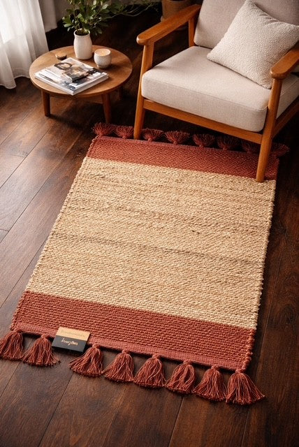 Lalla Jute Border Stripe Rug | Burgundy n Tan | 24X36
