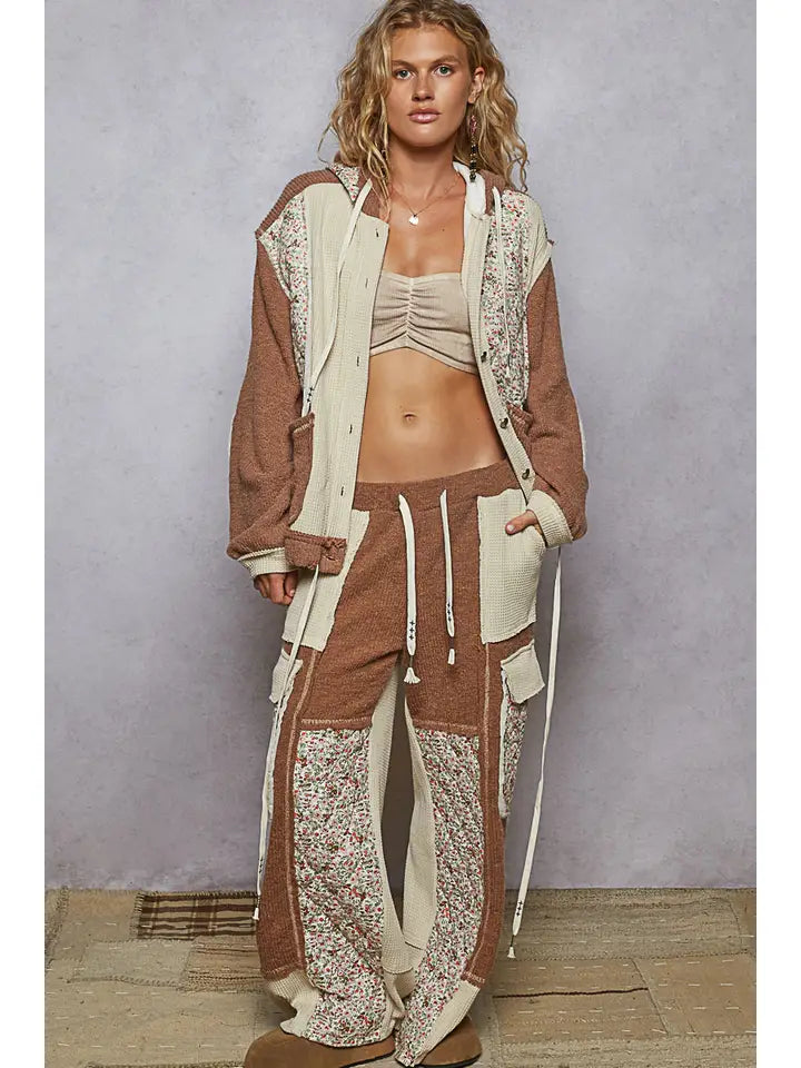 Thermal Quilted Detail Floral Knit Pants | Oat Choco