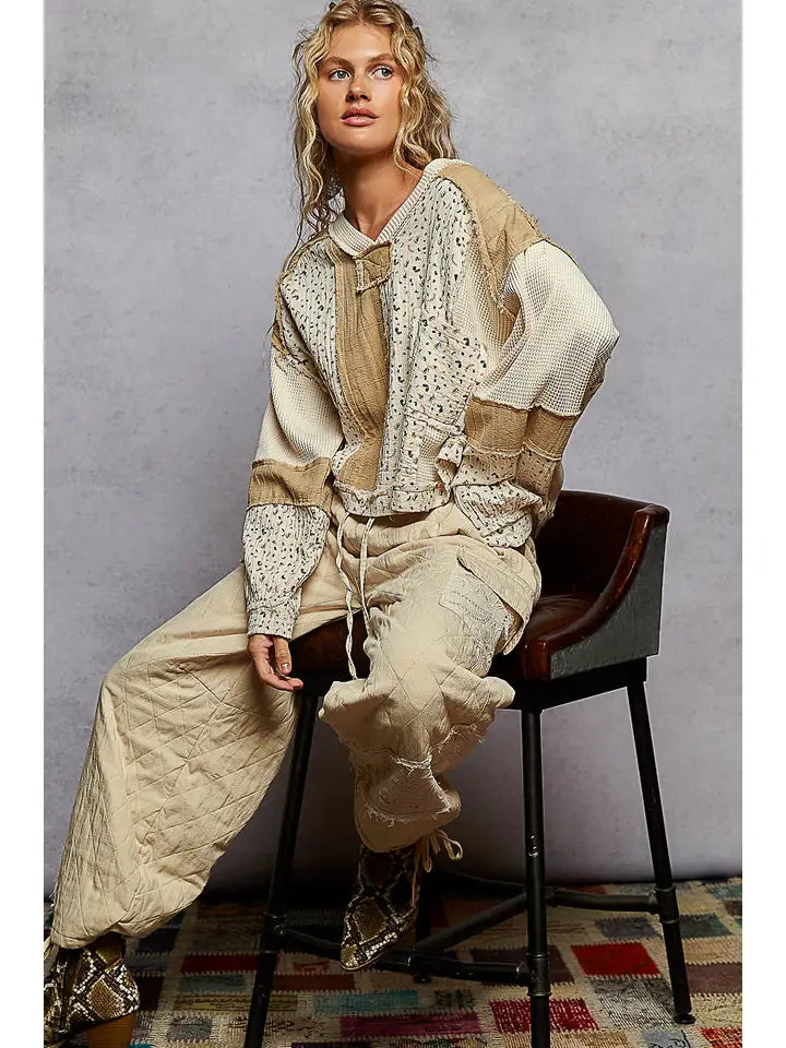 Long Sleeve Printed Double Gauze Woven Contrast Knit Top | Cream Multi