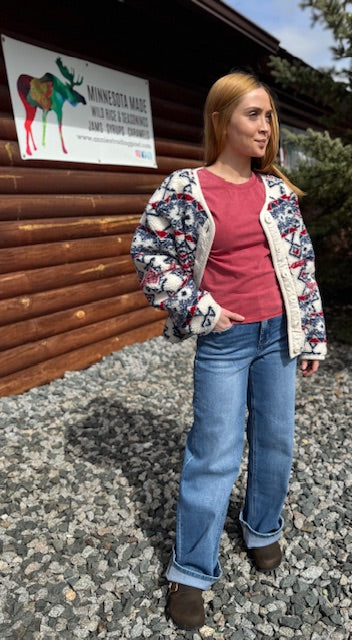 Buttoned Graphic Fleece Long Sleeve Jacket