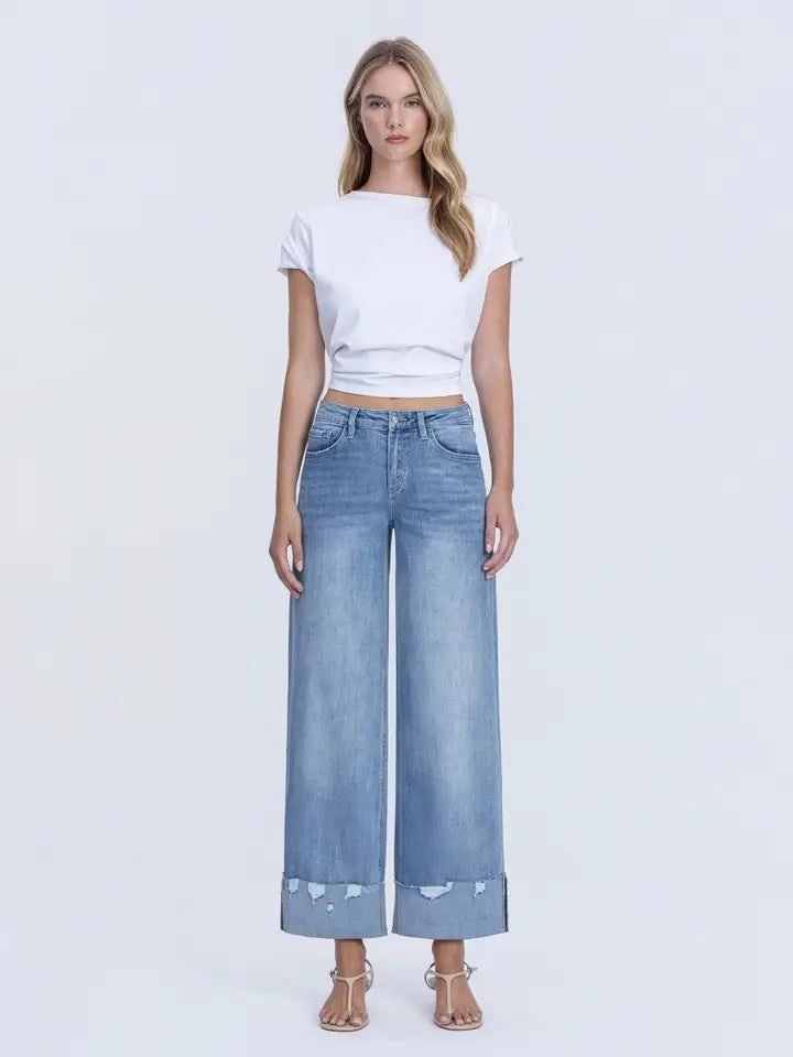 High Rise Medium Wash Cuffed Wide Jeans