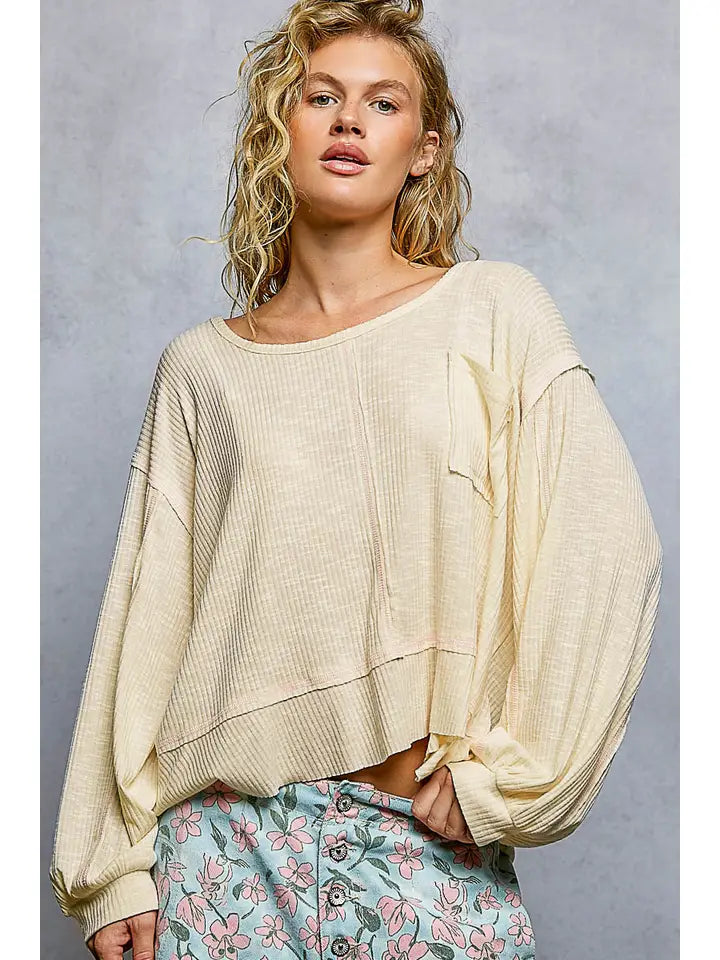 Contrast Stitch Outseam Rib Relaxed Long Sleeve Top | Natural