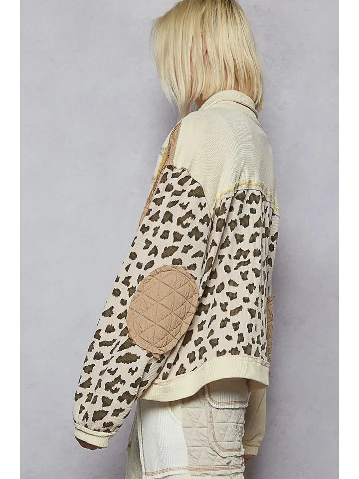 Floral Animal Print Contrast Color Block Quilted Jacket | Cream Multi