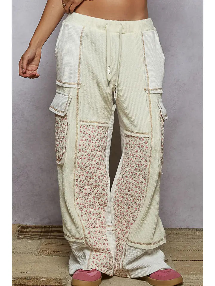 Thermal Quilted Detail Floral Knit Pants | Cream