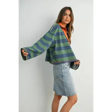 Striped Quarter-Zip Contrast Collar Sweatshirt | Green/Blue