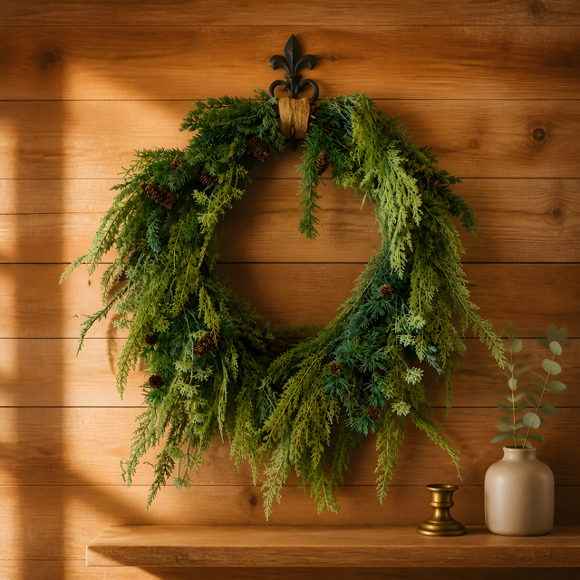 Faux Pine Wreath + Pinecones