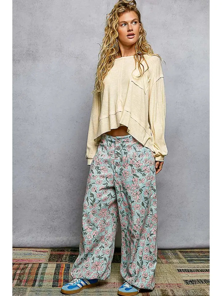 Contrast Stitch Outseam Rib Relaxed Long Sleeve Top | Natural