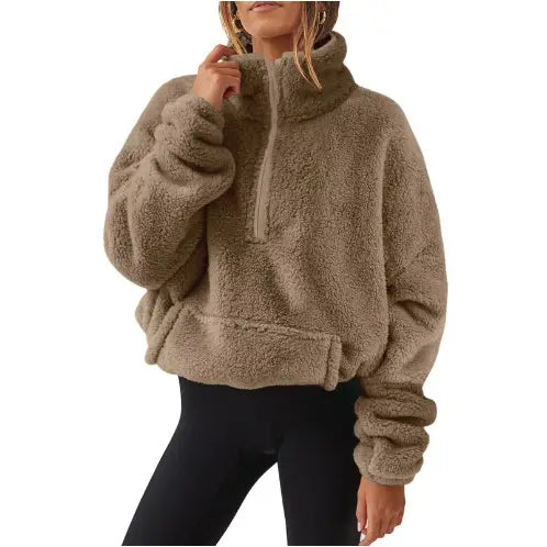 Fuzz and Fleece Half-zip Stand-Up Collar Hoodie | Caramel