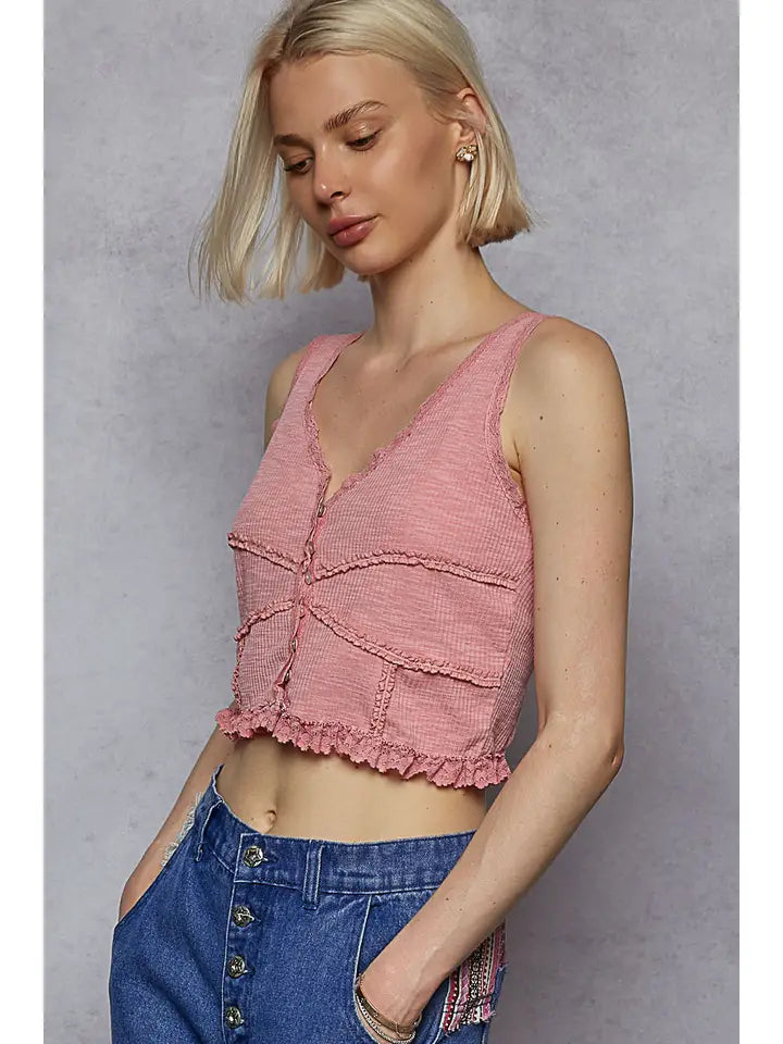 V-Neck Sleeveless Lace Ribbed Knit Top | Rose Pink