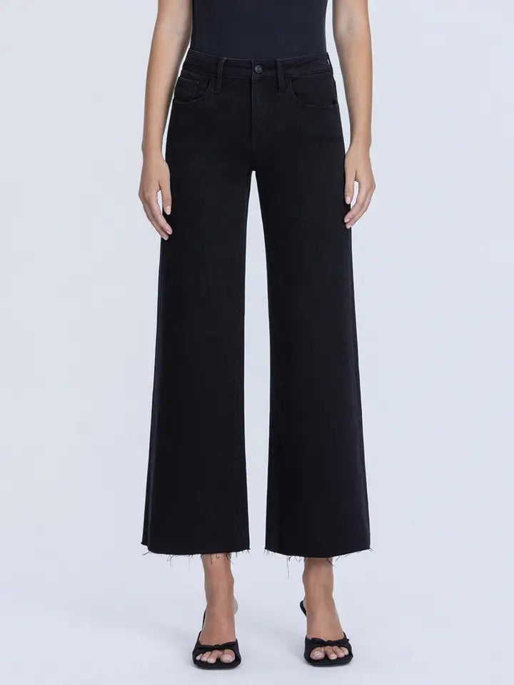 High Rise Raw Hem Crop Jet Black Wide Leg Jeans