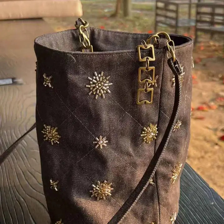 Vintage Studded Denim Shoulder Bucket Bag