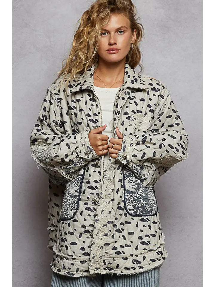 Long Sleeve Elbow Patch Overlaid Lace Quilted Woven Jacket | Oatmeal Multi