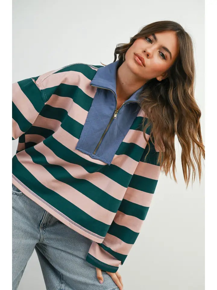 Striped Quarter-Zip Contrast Collar Sweatshirt | Pink/Green