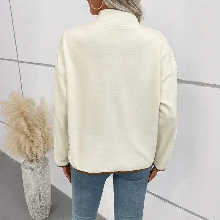 Contrast Trim Fleece Jacket Women Stand Collar Short Coas | Apricot