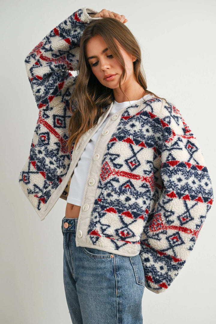 Buttoned Graphic Fleece Long Sleeve Jacket