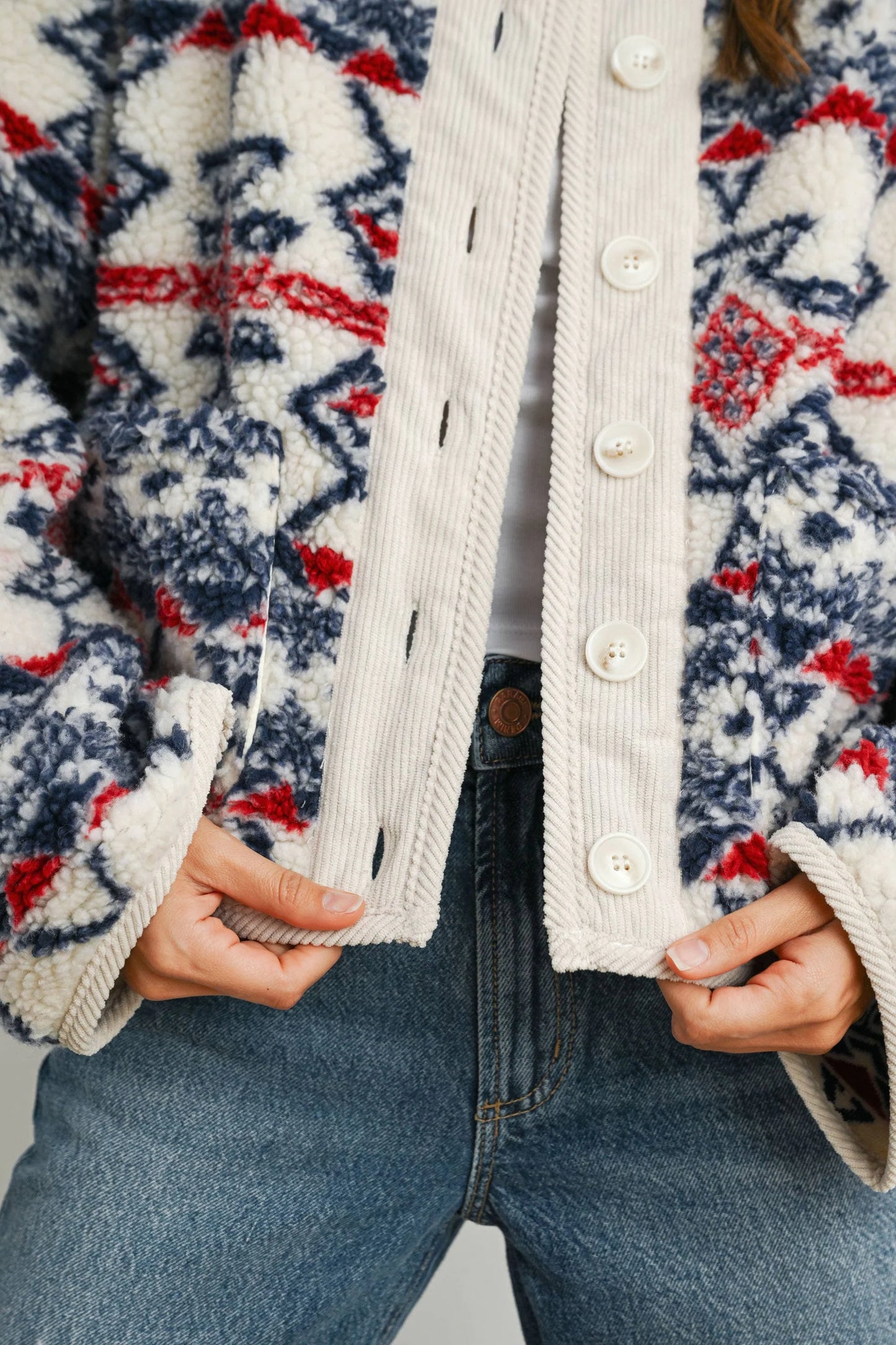 Buttoned Graphic Fleece Long Sleeve Jacket