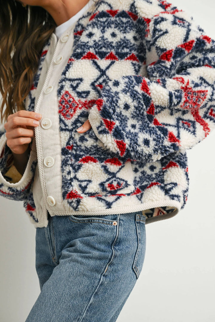 Buttoned Graphic Fleece Long Sleeve Jacket