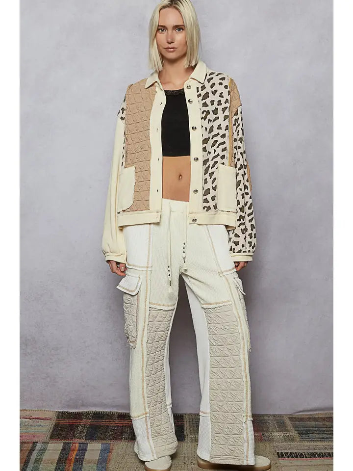 Floral Animal Print Contrast Color Block Quilted Jacket | Cream Multi