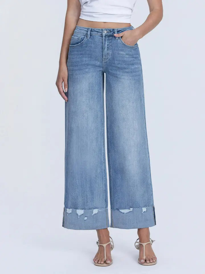 High Rise Medium Wash Cuffed Wide Jeans