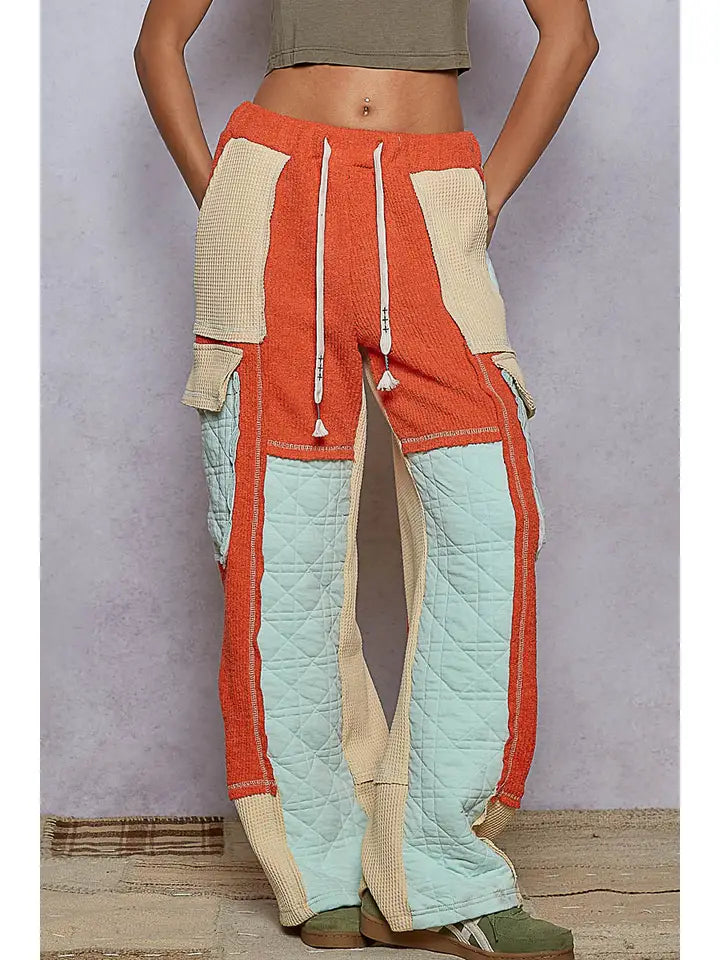 Quilted Contrast Casual Solid Knit Pants | Hot Coral/Mint