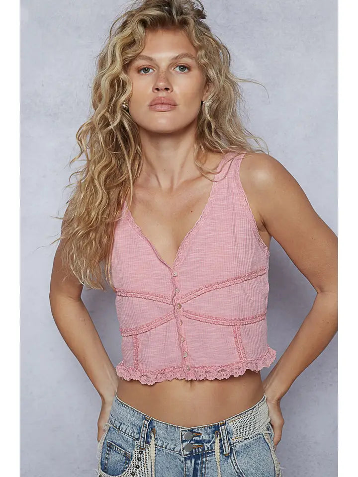 V-Neck Sleeveless Lace Ribbed Knit Top | Rose Pink