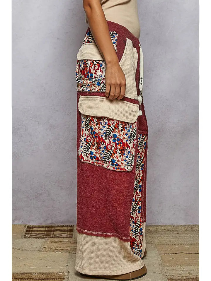 Thermal Quilted Detail Floral Knit Pants | Burgundy