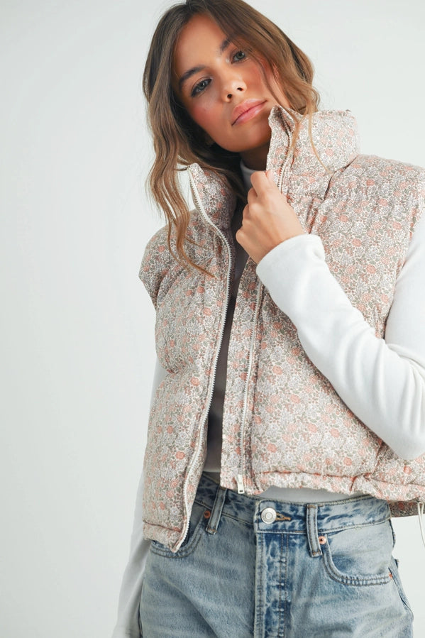 High Neck Floral Puffer Vest | Blush