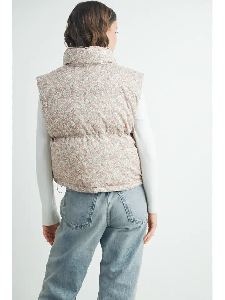 High Neck Floral Puffer Vest | Blush