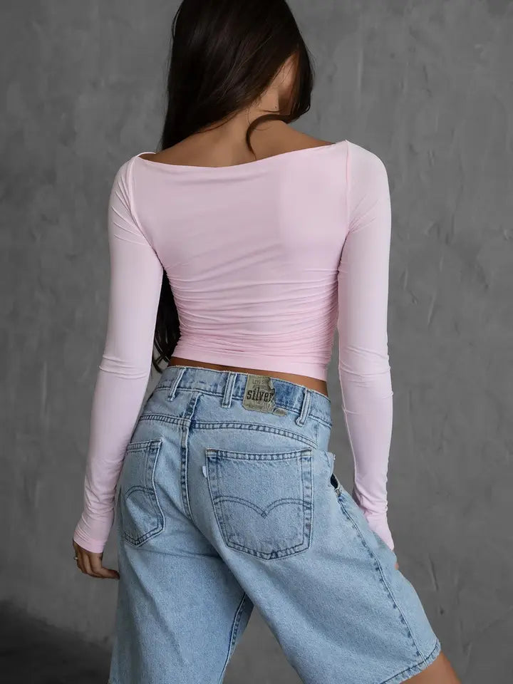 Jolina Lightweight Boat Neck Ruched Bodice Long-sleeve | Pale Pink