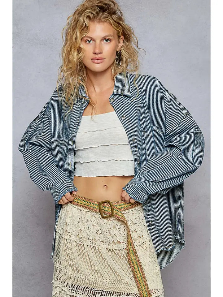 Long Sleeve Stripe Pattern Denim Shirt Top | Stripe Denim