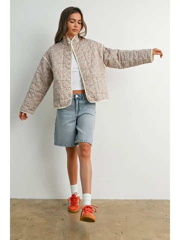 Floar Quilted Jacket With Lightweight BOHO Print | Mauve/Ivory