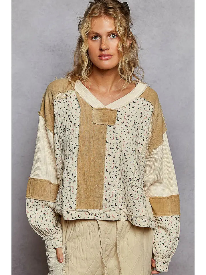 Long Sleeve Printed Double Gauze Woven Contrast Knit Top | Cream Multi
