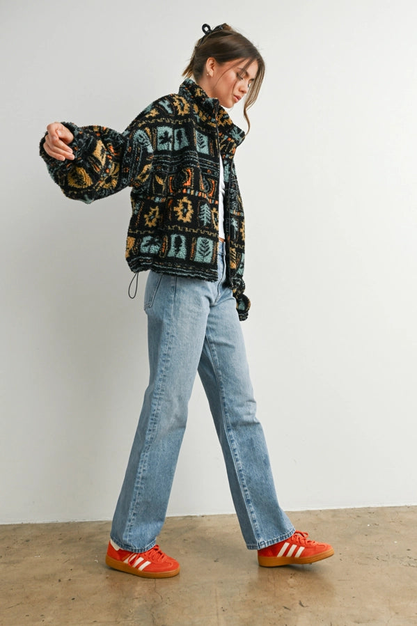 Zip-Up Polar Fleece Mock Neck Long Sleeve Jacket | Black Multi