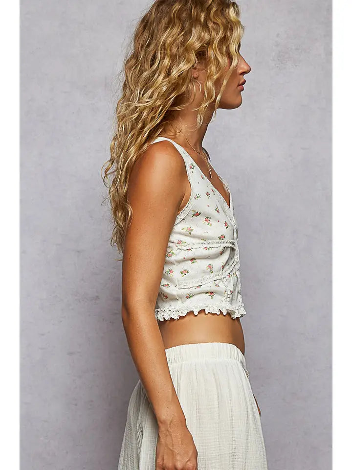 V-Neck Sleeveless Lace Ribbed Knit Top | Ivory Floral