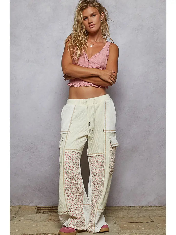 Thermal Quilted Detail Floral Knit Pants | Cream