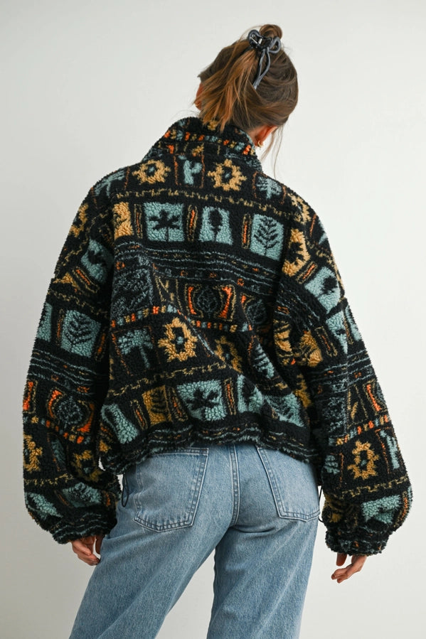 Zip-Up Polar Fleece Mock Neck Long Sleeve Jacket | Black Multi