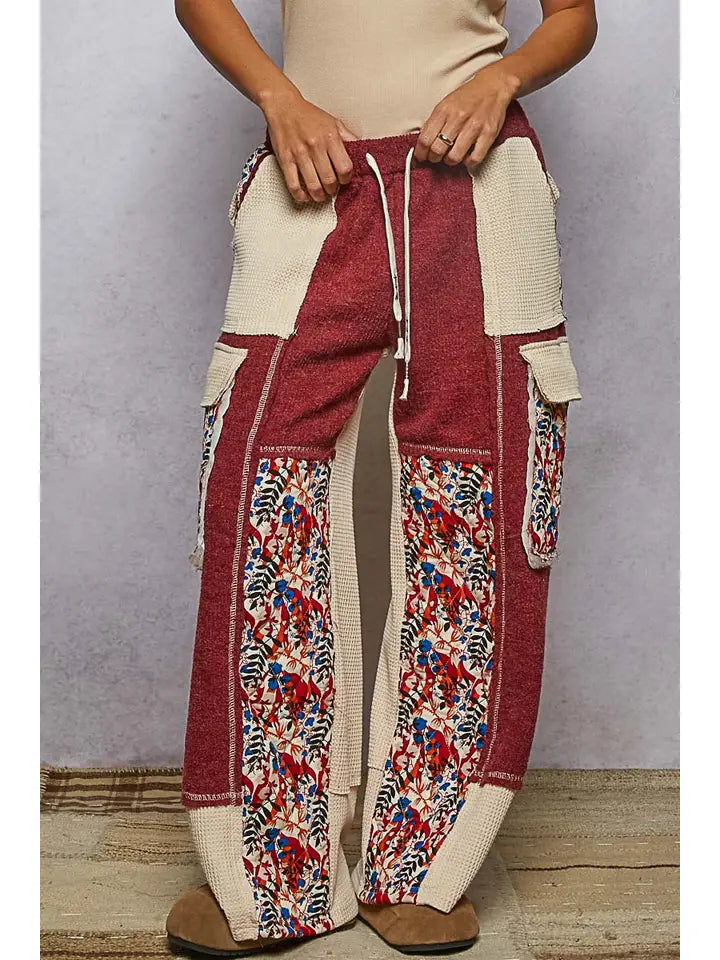 Thermal Quilted Detail Floral Knit Pants | Burgundy