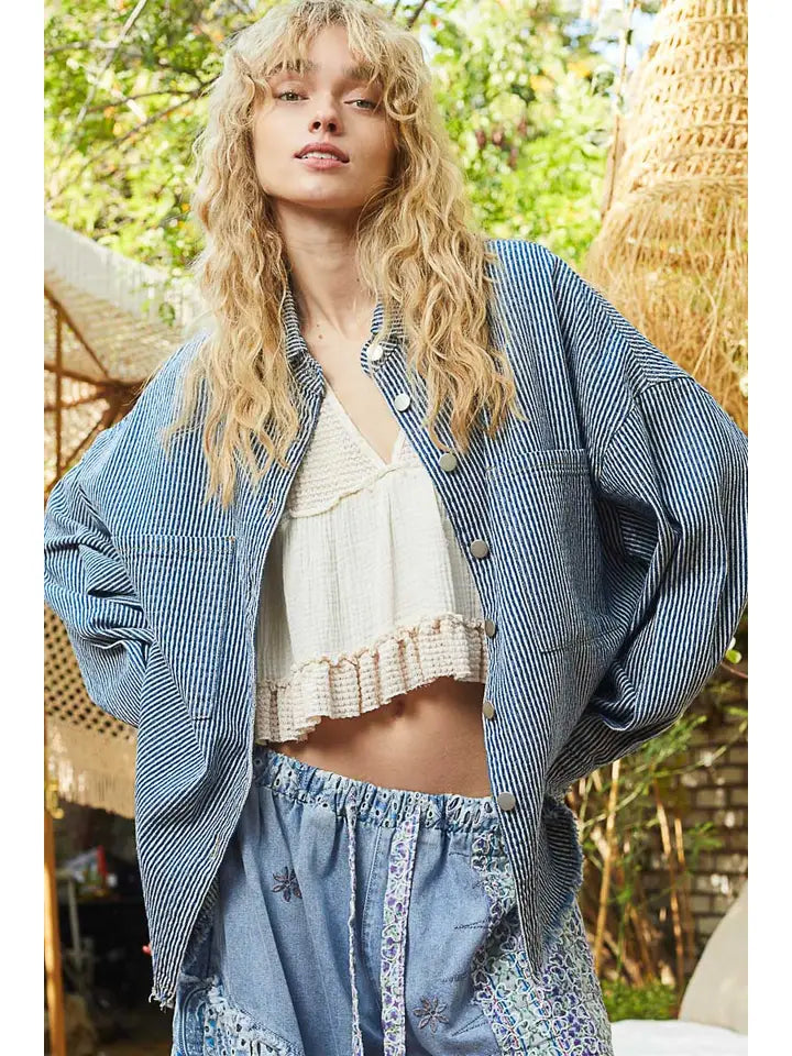 Long Sleeve Stripe Pattern Denim Shirt Top | Stripe Denim