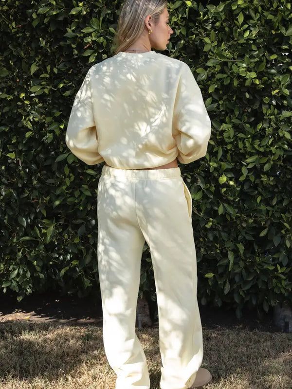 Lani Cloud Fleece Wide Leg Sweatpants Stretch Waist & Pocket | Pale Yellow